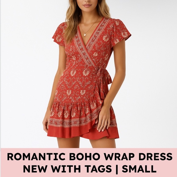 Boho Wrap Dress Red Floral V-Neck Flutter Sleeve Ruffle Hem Cottagecore S FLOWY - Picture 1 of 13